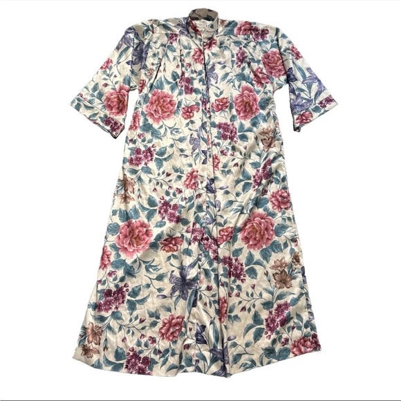 The Primary Layer Other - Vintage Primary Layer Medium Rose Floral Satin Caftan Housecoat Robe Nightgown